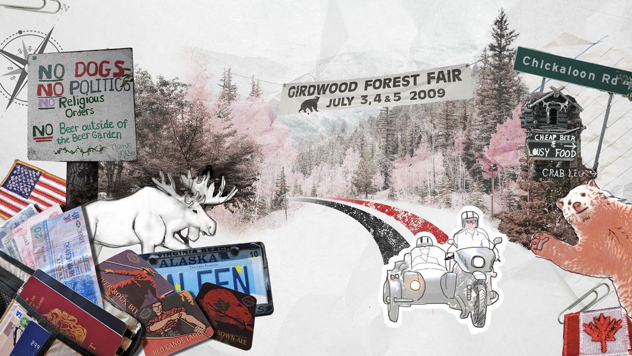 Collage by Angel: a road through Alaskan forest, a moose, a bear, the Girdwood Forest Fair sign and the sidecar
