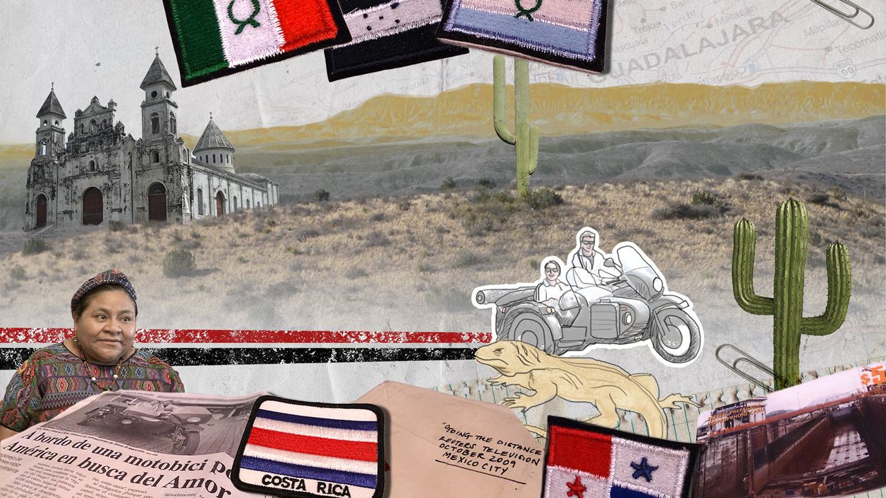 Collage by Angel: a Mexican church, cacti, a Guatemalan woman, Central American flag patches and the sidecar