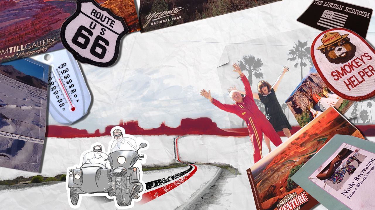 Collage by Angel: Route 66, Smokey's Helper and Yosemite patches, a desert skyline and the sidecar on the road
